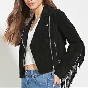 Black Faux Suede Fringe Moto Jacket
